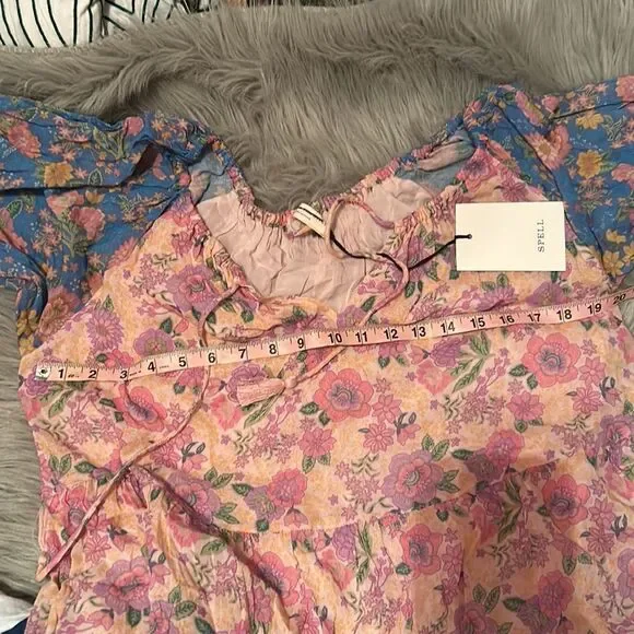 Free People Spell Rae Juniper Gown Puff Sleeve Printed Tiered Maxi Dress - Picture 9 of 9